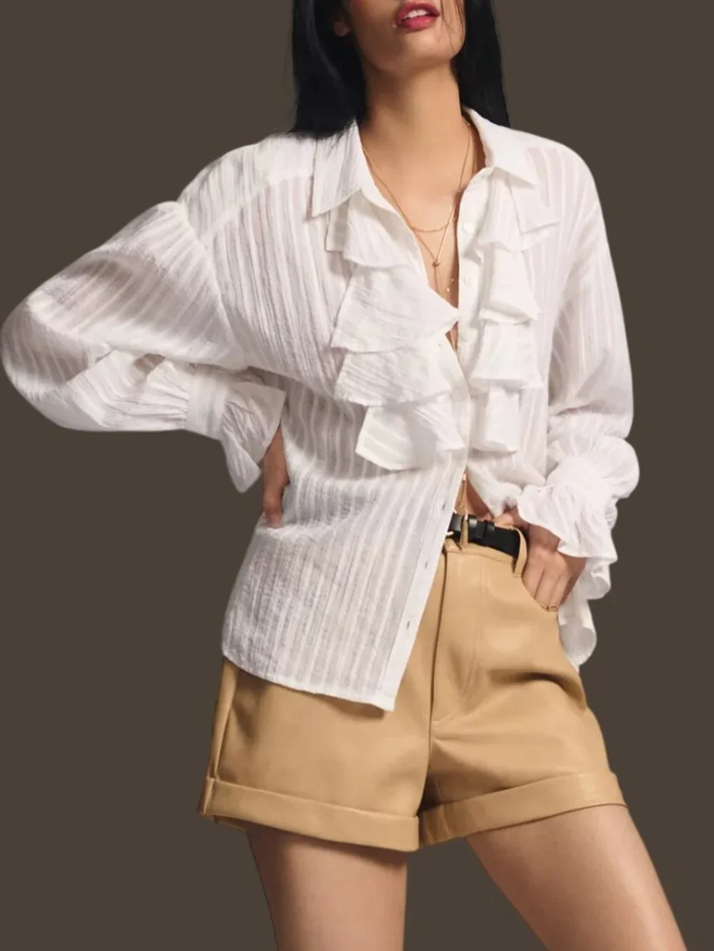 Anthropologie Ruffled Blouse Puff Sleeve Sheer White Medium
